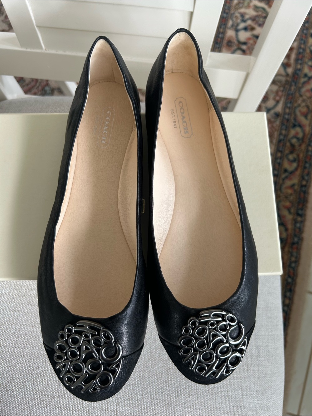 Coach Black Leather Ballet Flats with Silver Signature Emblem